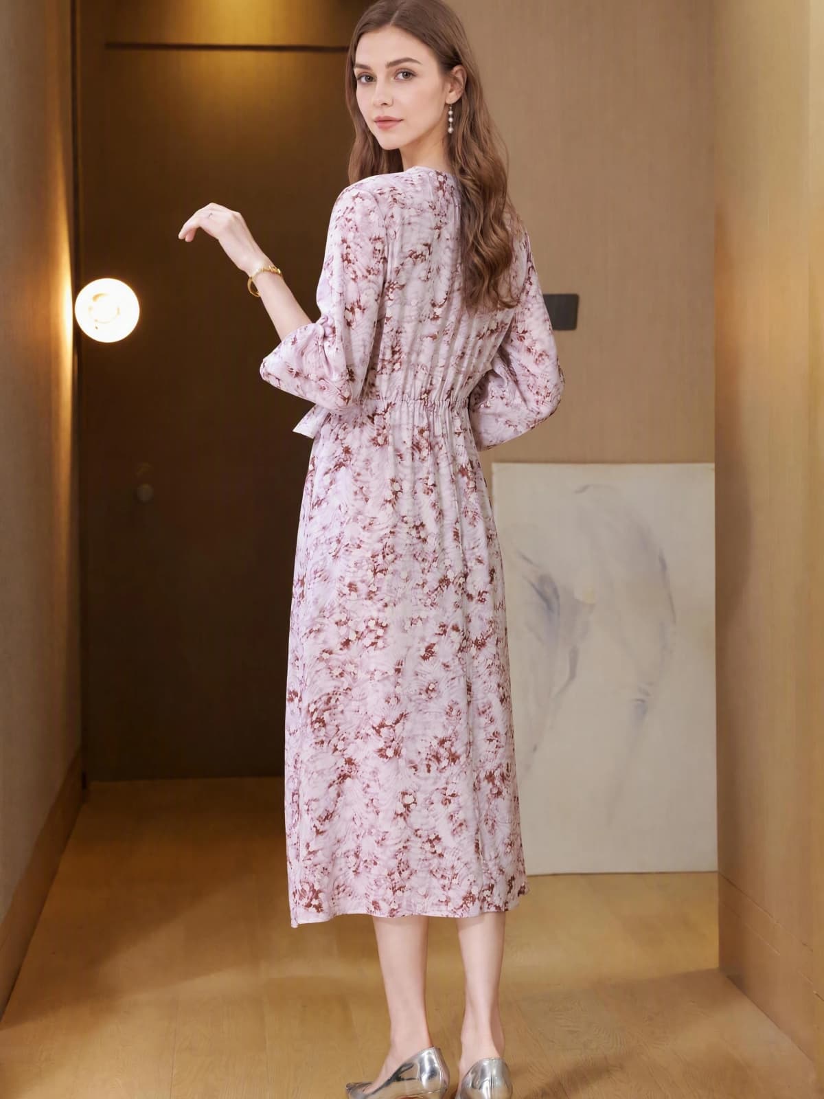 French V-Neck Floral Mulberry Silk Dress