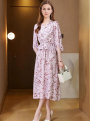 French V-Neck Floral Mulberry Silk Dress