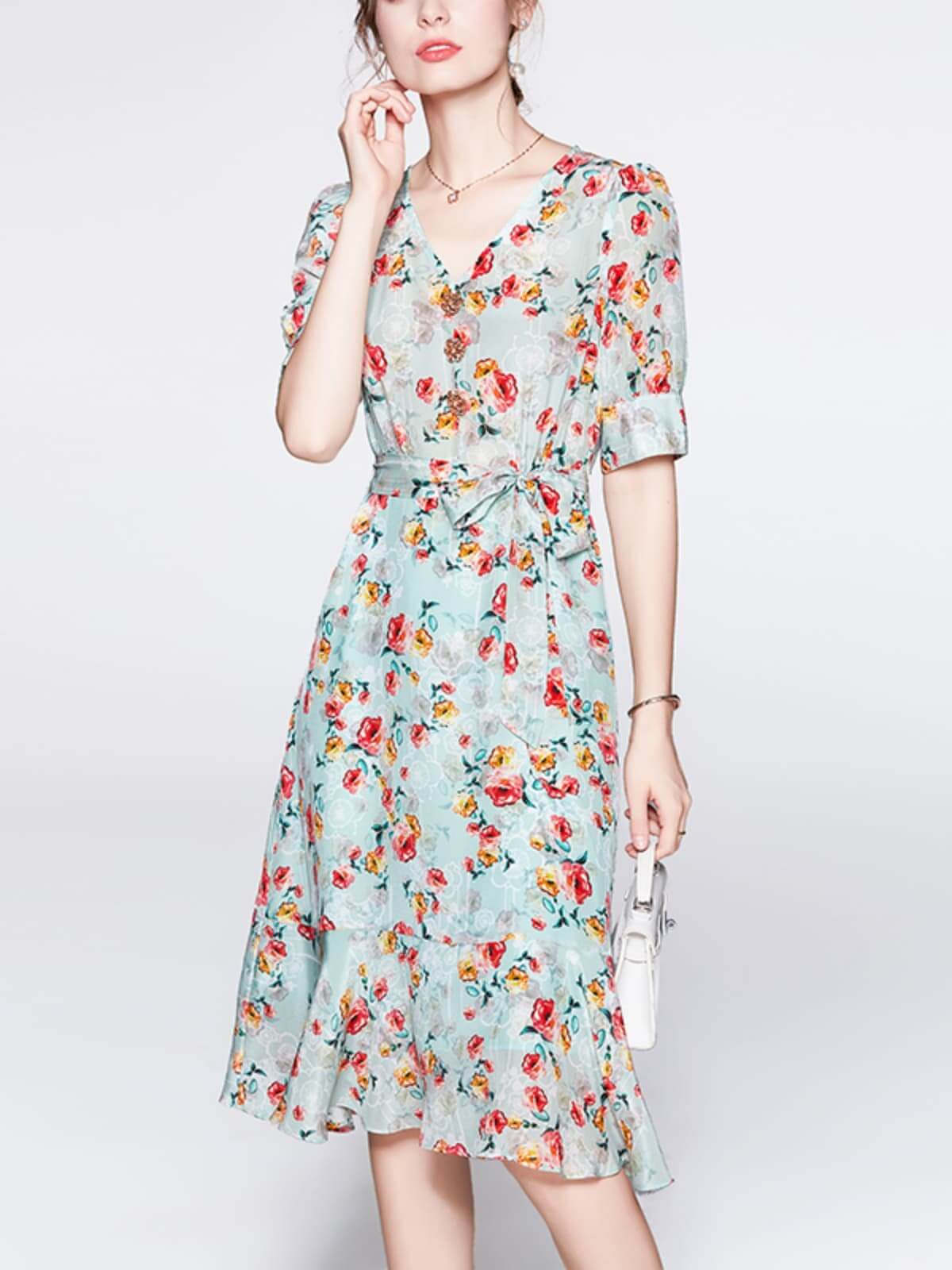 V-neck Floral Mulberry Silk Dress