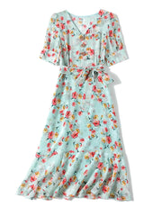 V-neck Floral Mulberry Silk Dress