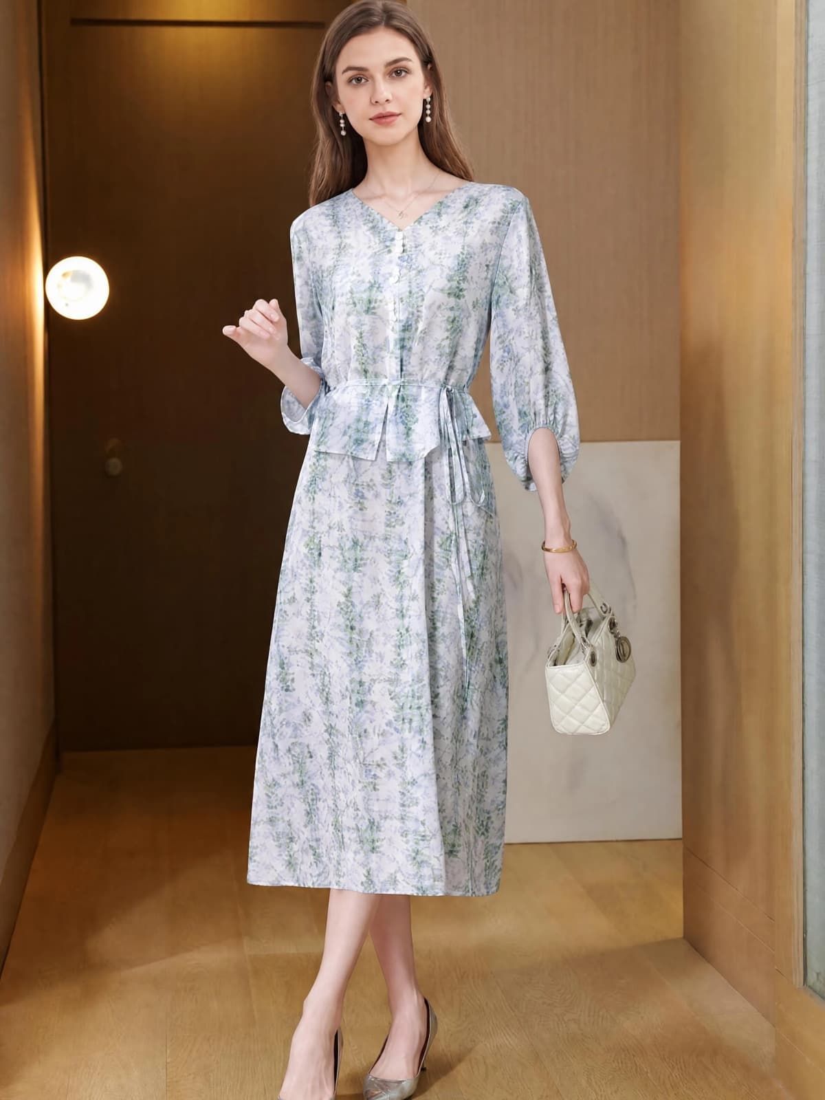 French V-Neck Floral Mulberry Silk Dress