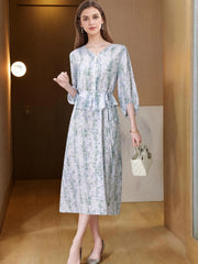 French V-Neck Floral Mulberry Silk Dress