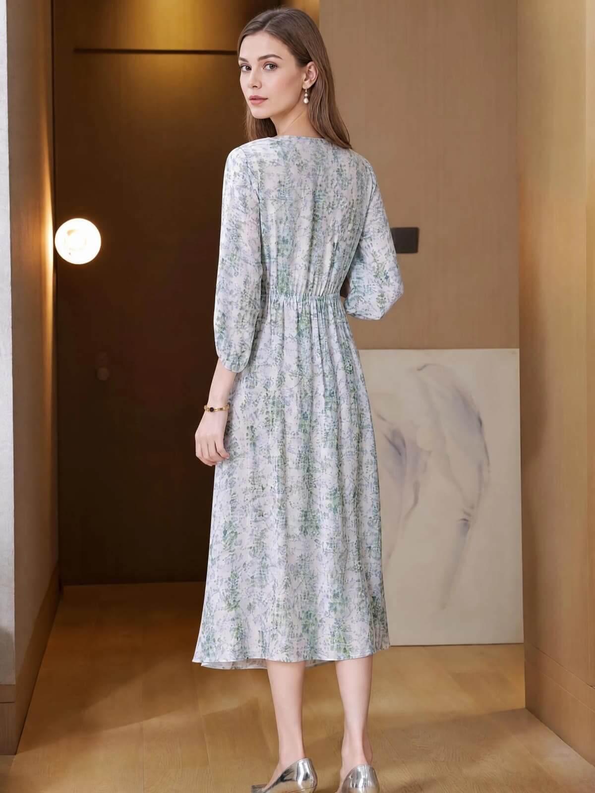 French V-Neck Floral Mulberry Silk Dress