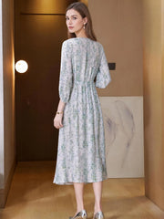 French V-Neck Floral Mulberry Silk Dress