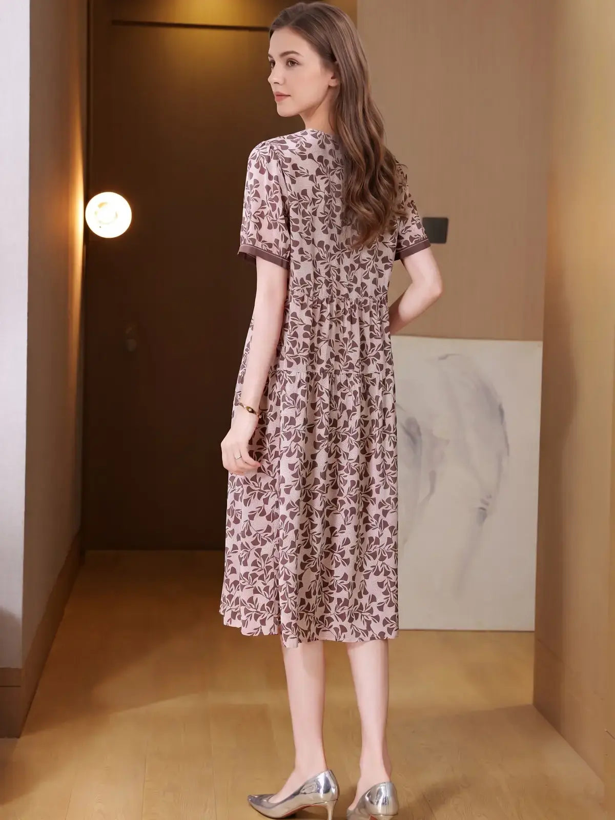French Short Sleeve Floral Silk Dress