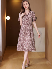 French Short Sleeve Floral Silk Dress