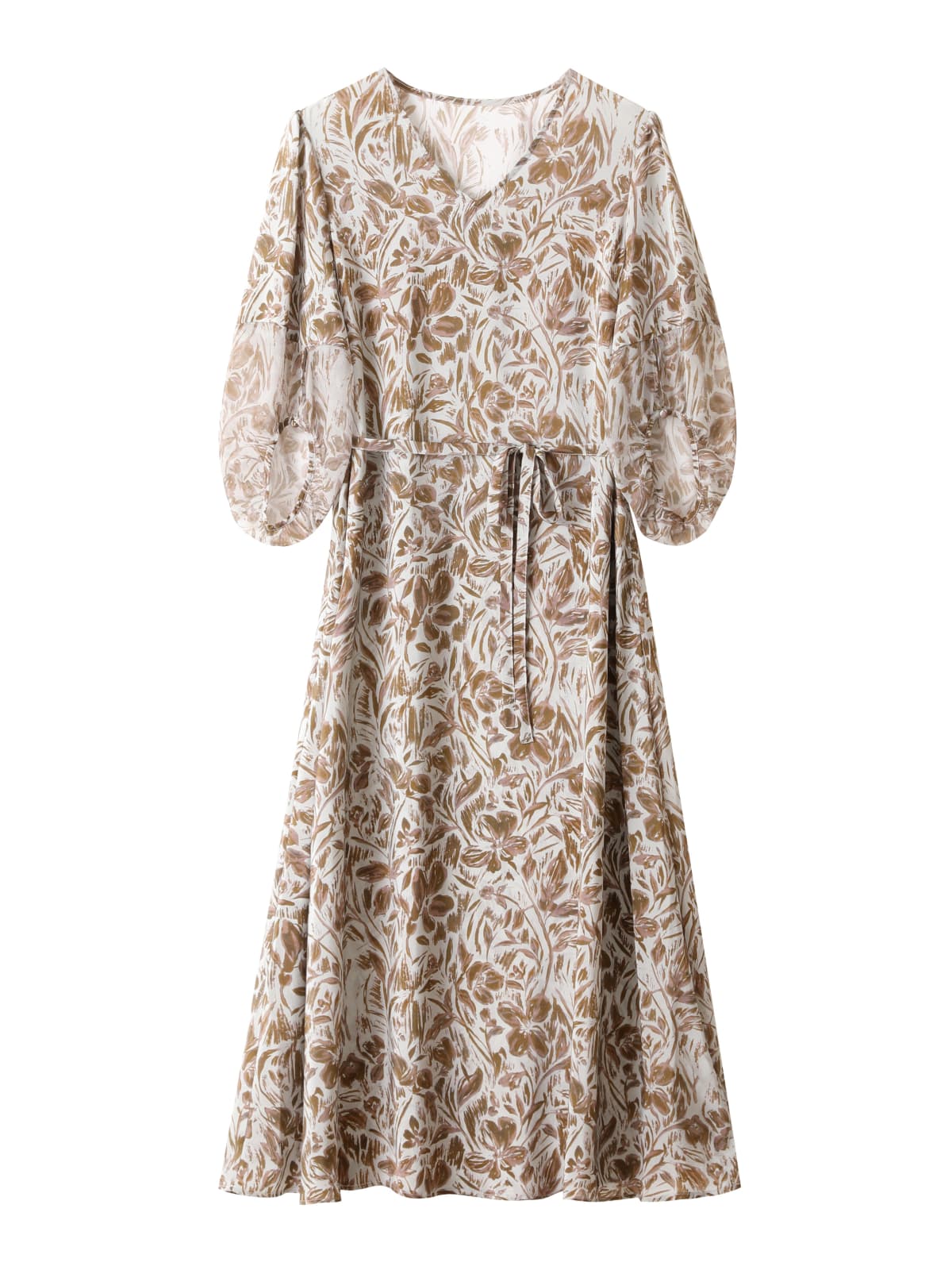 Chic Brown Floral Silk Midi Dress