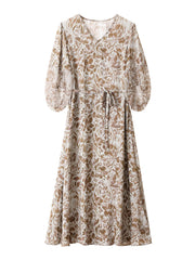 Chic Brown Floral Silk Midi Dress