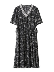 Black Floral Mulberry Silk Midi Dress