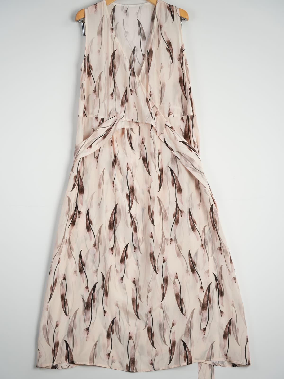 Sleeveless Floral Maxi Mulberry Silk Dress displayed on a hanger with a light background.