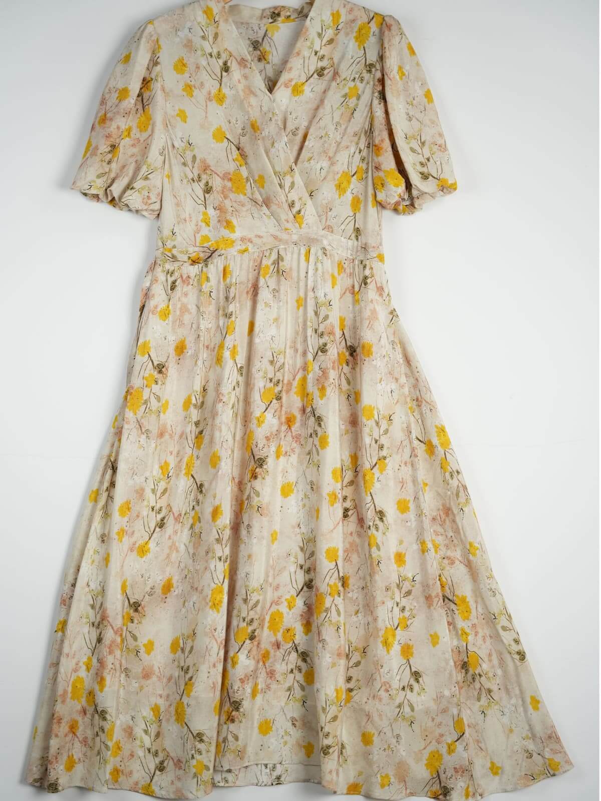 French Floral Mulberry Silk Maxi Dress with floral pattern in cream yellow tones and soft fabric.
