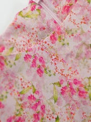 Elegant Floral Maxi Mulberry Silk Dress featuring a vibrant pink floral pattern on soft silk fabric.