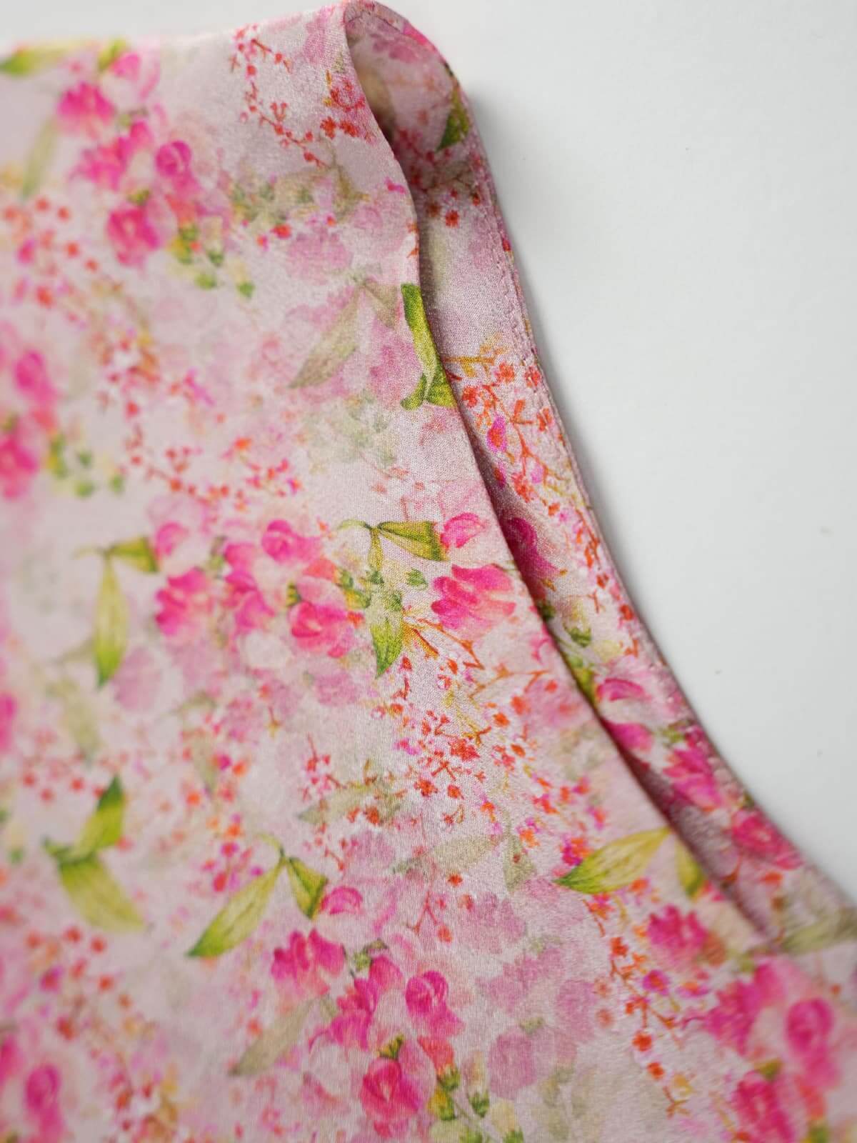 Elegant Floral Maxi Mulberry Silk Dress featuring a delicate pink floral pattern.