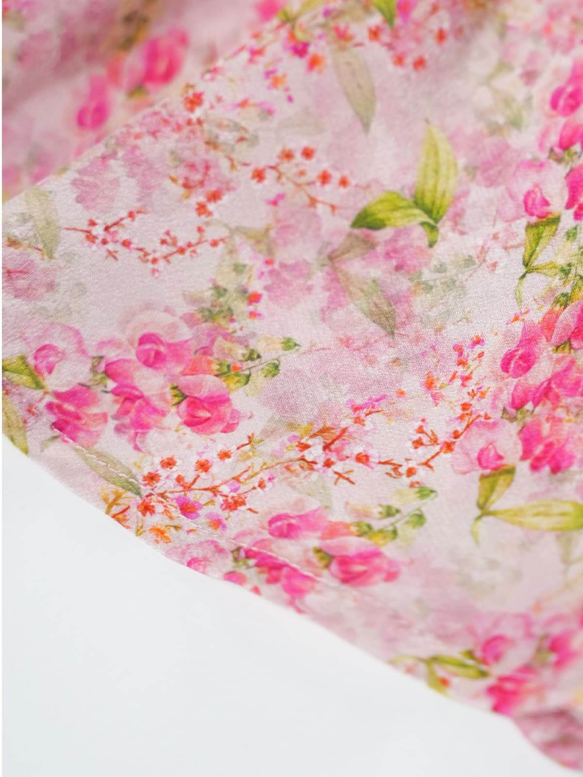 Elegant Floral Maxi Mulberry Silk Dress close-up of floral print detailing on lightweight silk fabric.