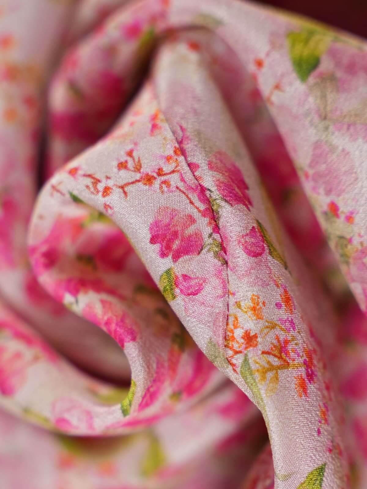 Elegant Floral Maxi Mulberry Silk Dress fabric featuring delicate pink floral patterns on soft silk.