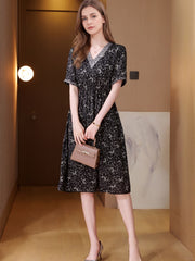Black Floral Mulberry Silk Midi Dress