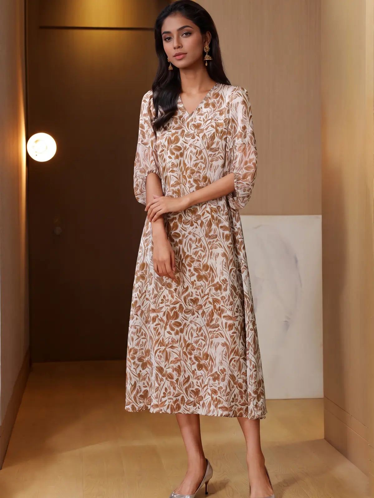 Chic Brown Floral Silk Midi Dress