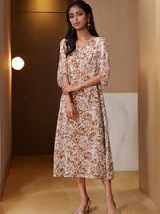 Chic Brown Floral Silk Midi Dress