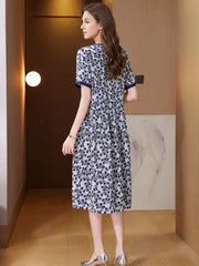 French Short Sleeve Floral Silk Dress