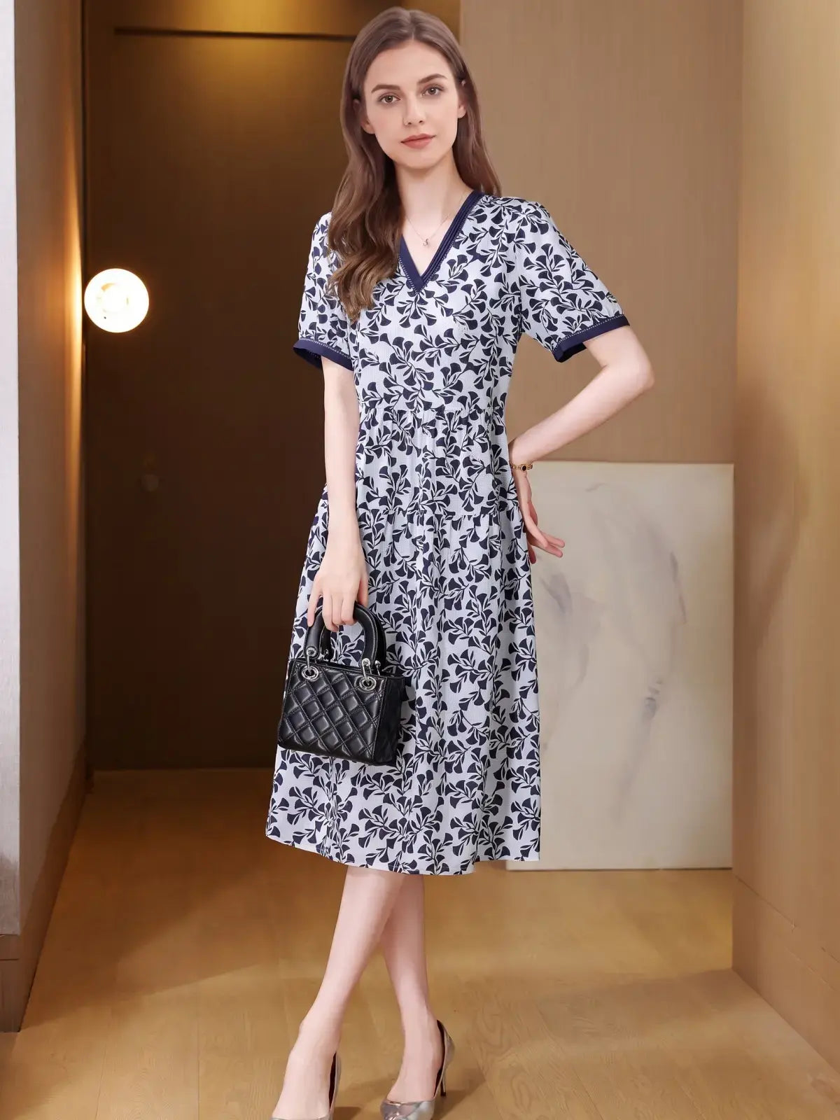 French Short Sleeve Floral Silk Dress