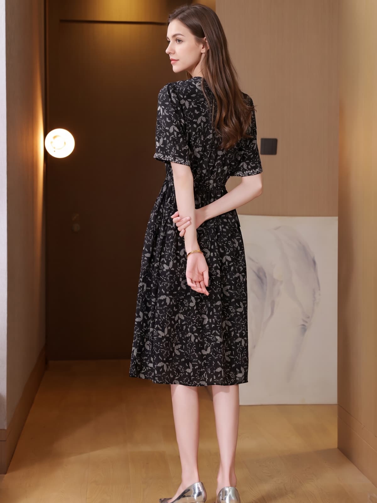 Black Floral Mulberry Silk Midi Dress