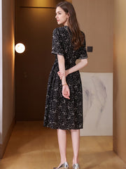 Black Floral Mulberry Silk Midi Dress