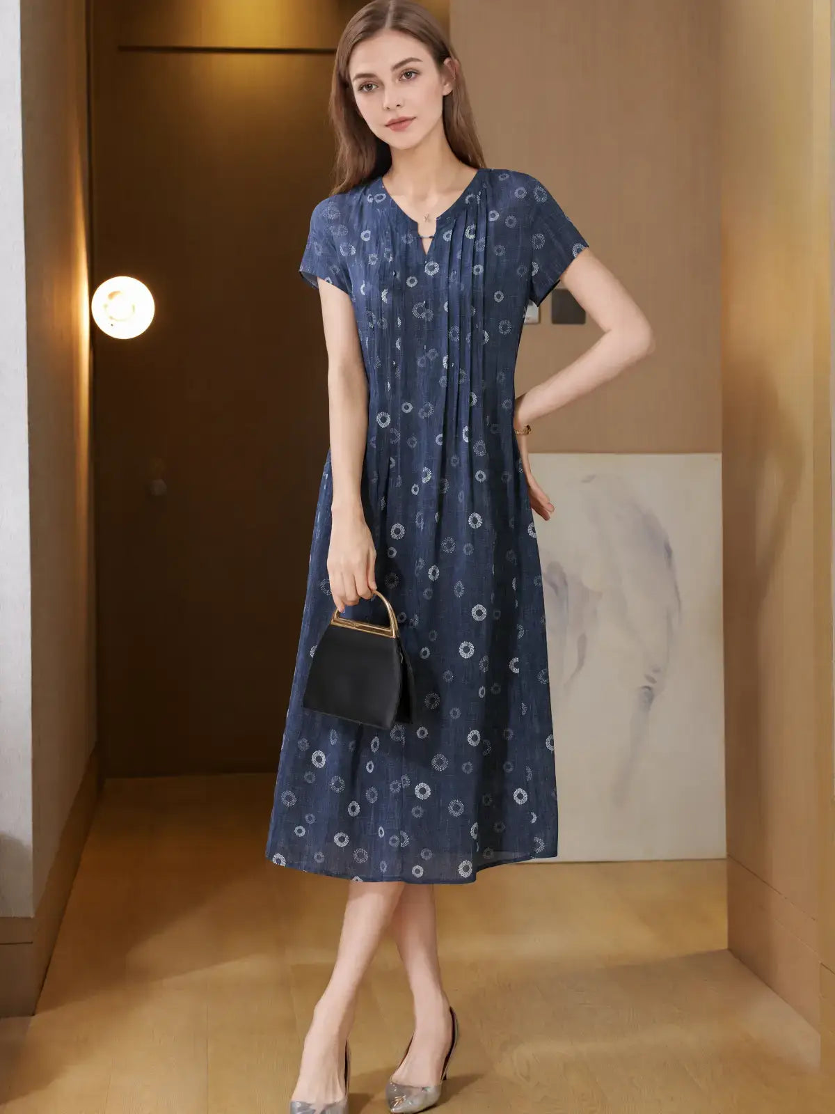 Vintage Polka Dot V-Neck Silk Dress