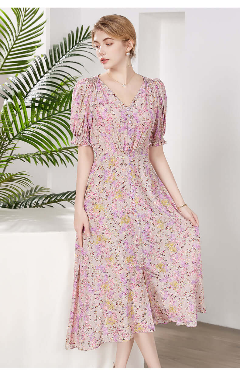 French Floral Mulberry Silk Dress - SILKSER