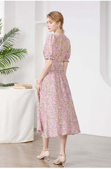 French Floral Mulberry Silk Dress - SILKSER