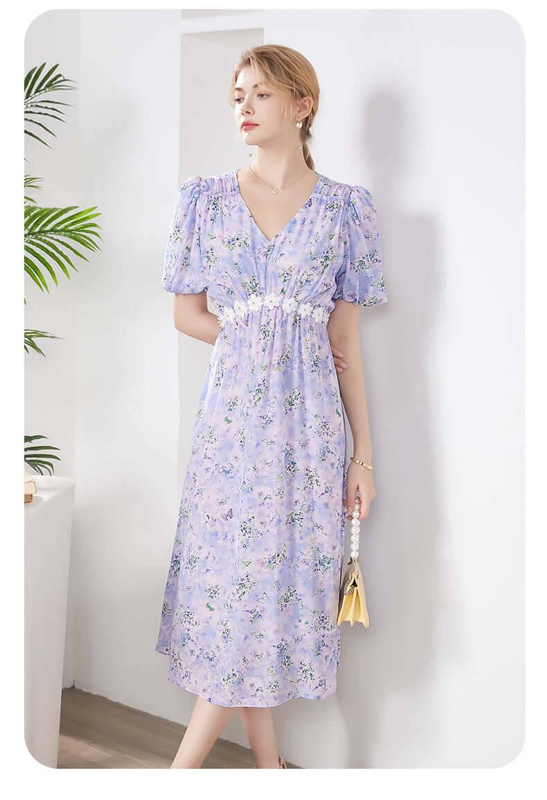 Lavender Floral Mulberry Silk Dress - SILKSER