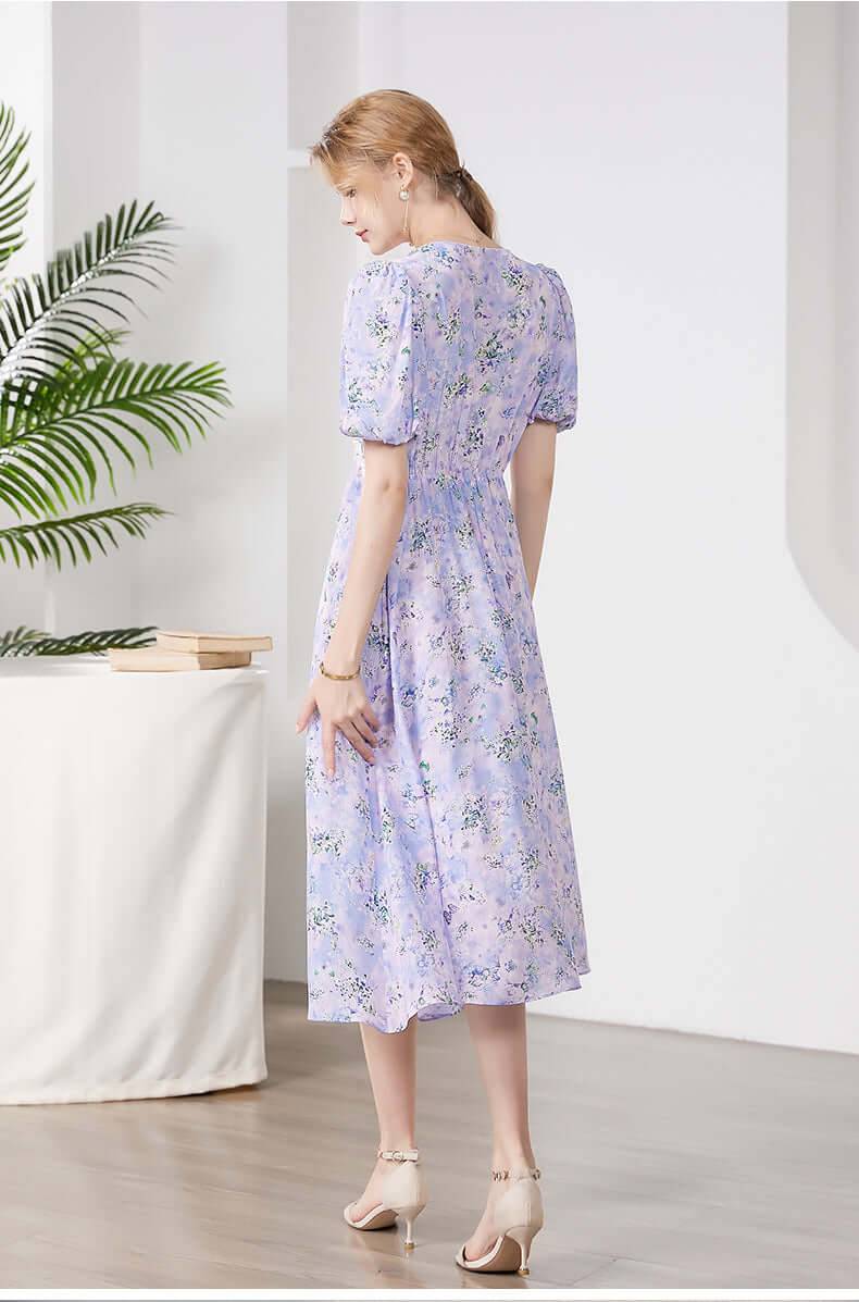 Lavender Floral Mulberry Silk Dress - SILKSER