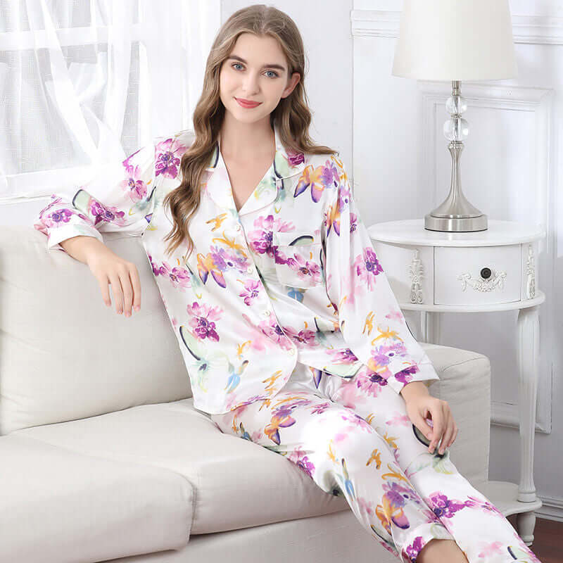 Long - sleeved Floral Print Silk Pajama Set - SILKSER