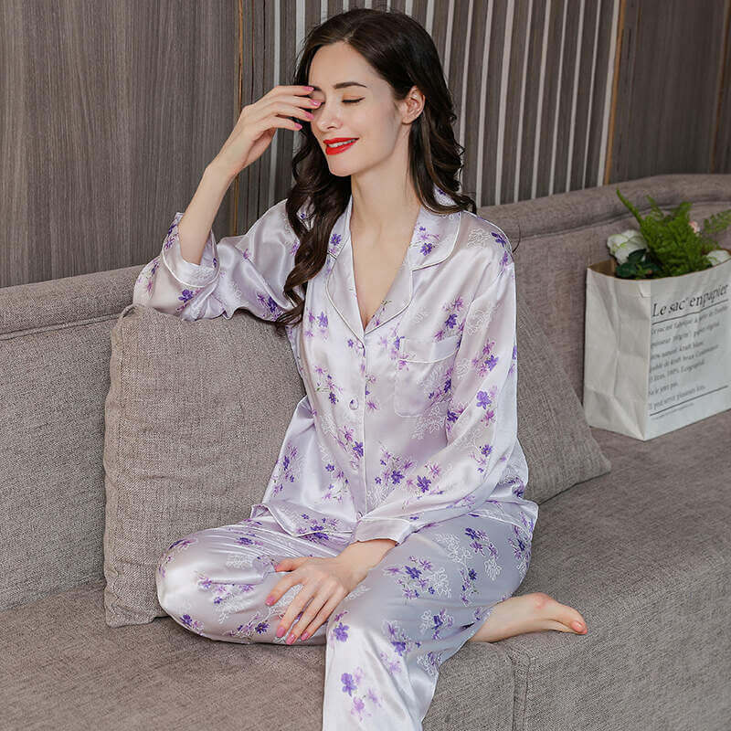 Long - sleeved Floral Print Silk Pajama Set - SILKSER