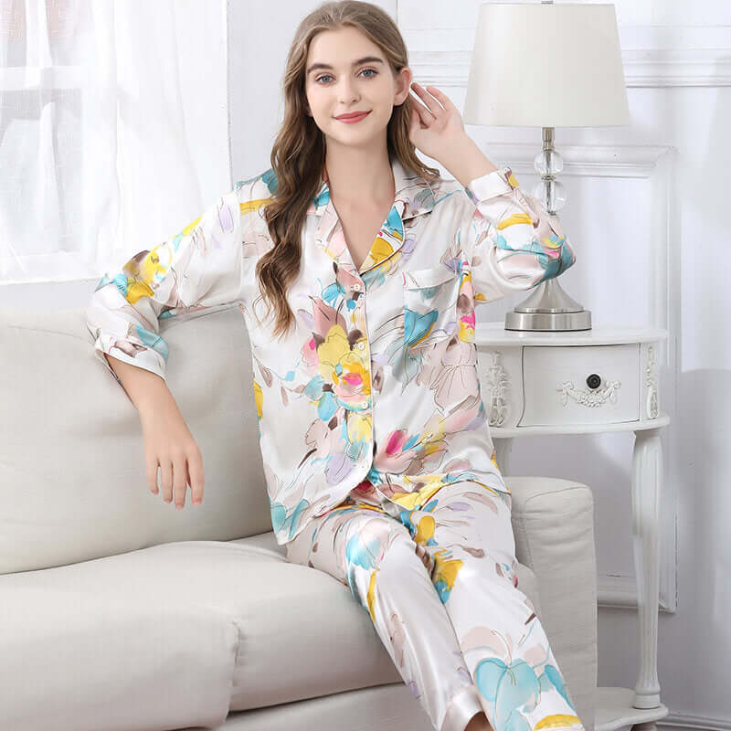 Long - sleeved Floral Print Silk Pajama Set - SILKSER