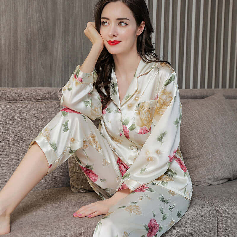 Long - sleeved Floral Print Silk Pajama Set - SILKSER