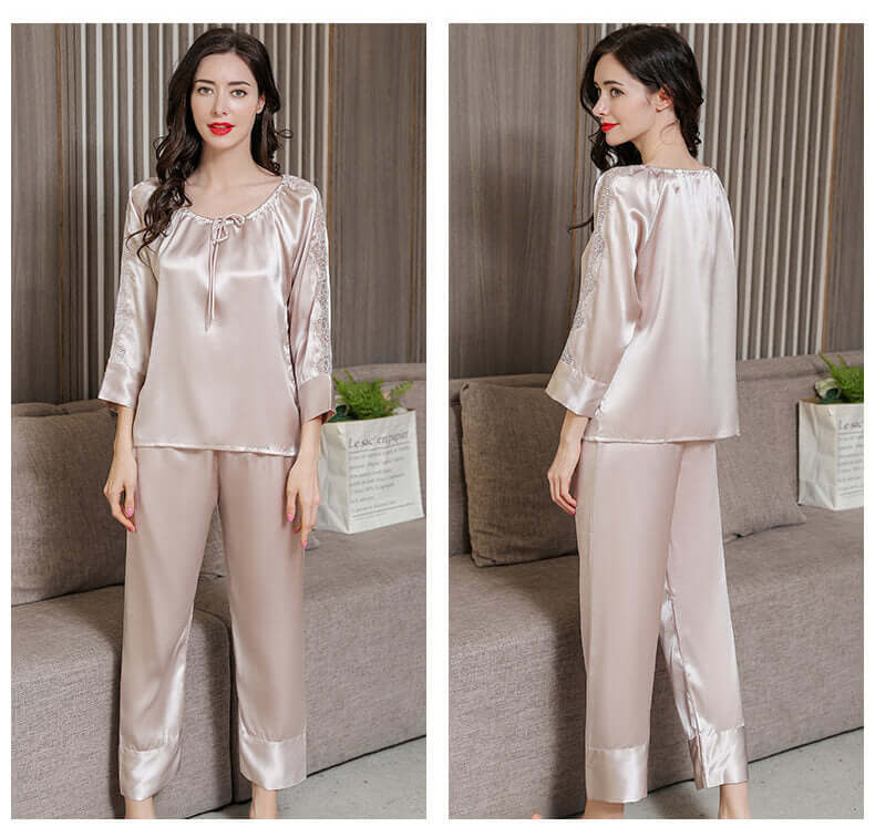 Long - sleeved Lace Silk Pajama Set - SILKSER