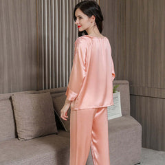 Long - sleeved Lace Silk Pajama Set - SILKSER