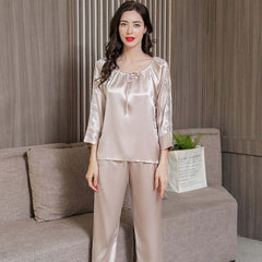 Long - sleeved Lace Silk Pajama Set - SILKSER