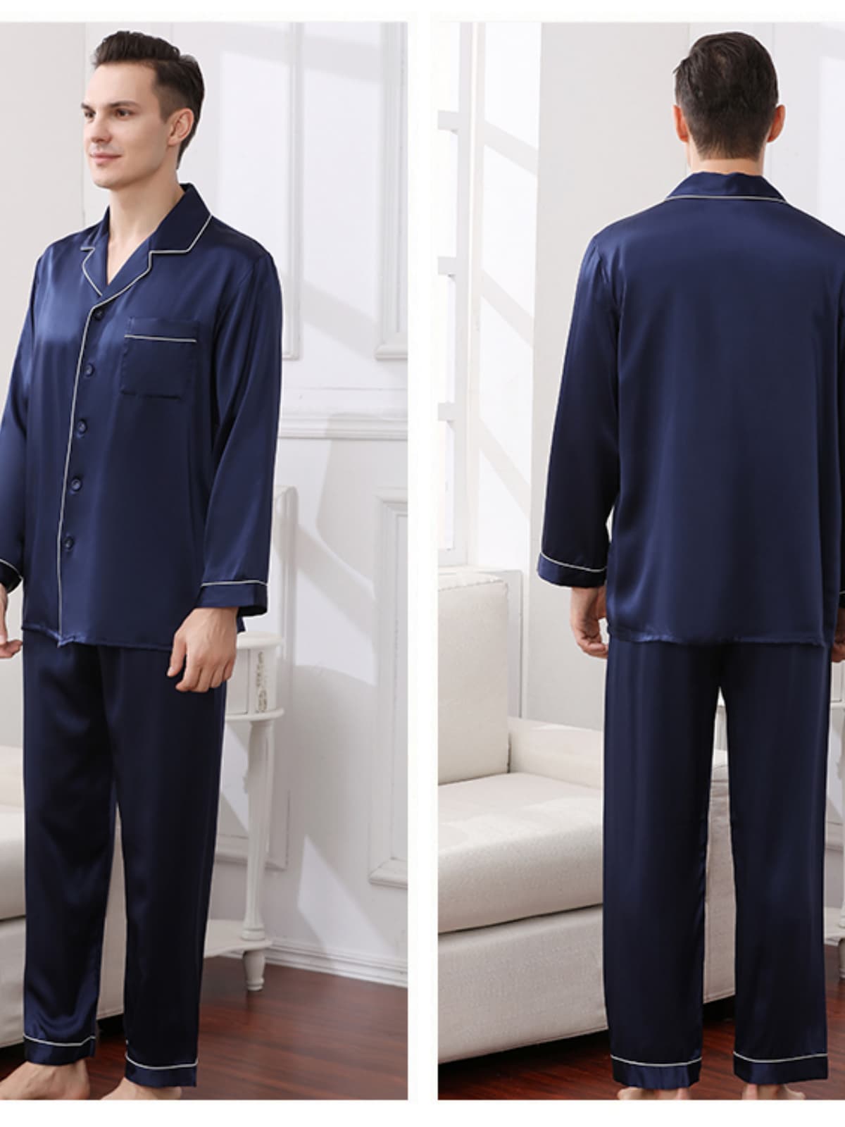 Mens Cozy Long-sleeved Silk Pajama Set