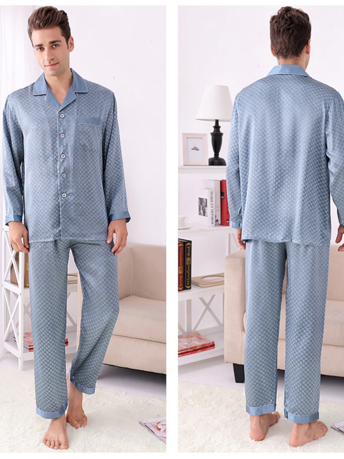 Mens Breathable Long Sleeved Silk Pajama Set