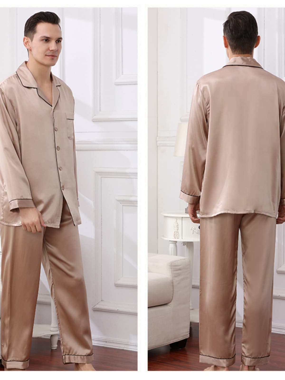 Mens Cozy Long-sleeved Silk Pajama Set