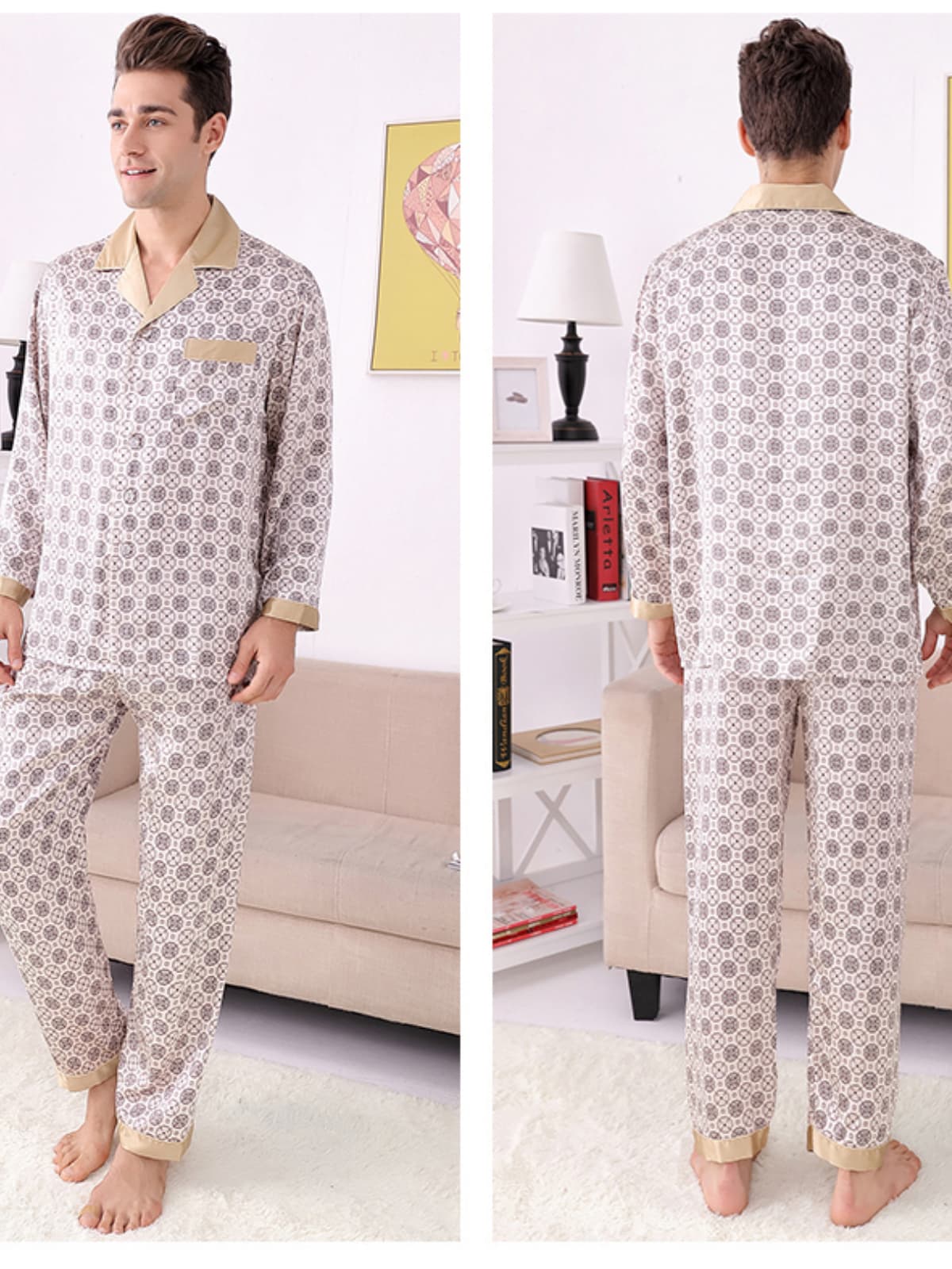 Mens Breathable Long Sleeved Silk Pajama Set