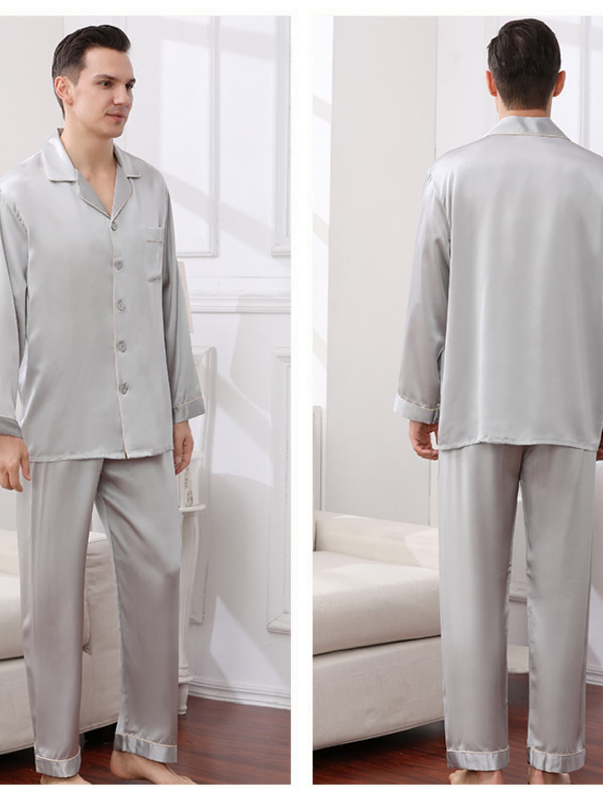 Mens Cozy Long-sleeved Silk Pajama Set
