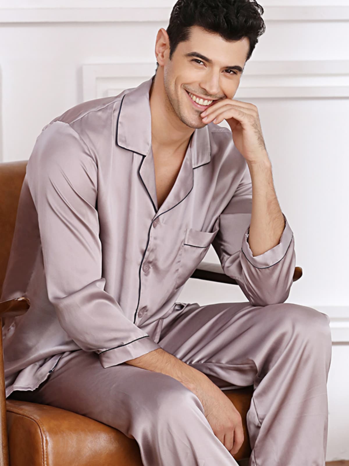 Men's Nighttime-Cozy Soft Long-sleeved Silk Pajama Set