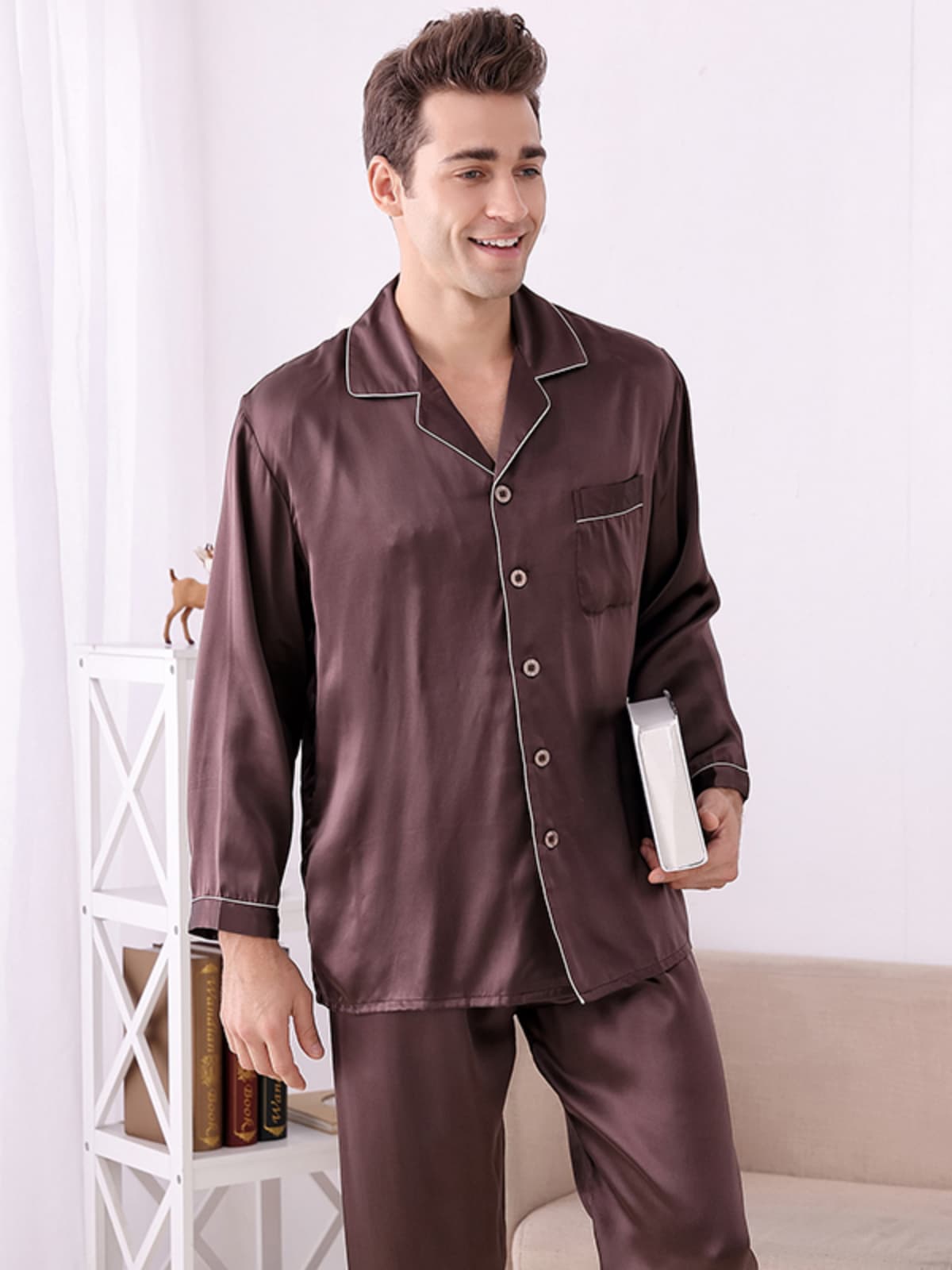 Men's Nighttime-Cozy Soft Long-sleeved Silk Pajama Set