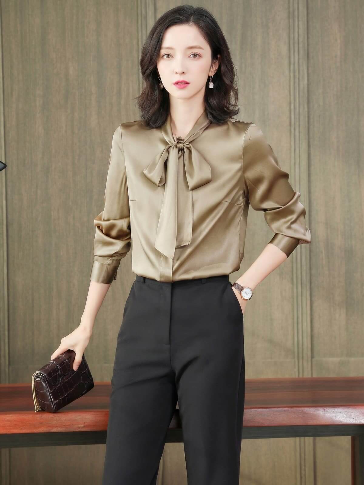 Bow-Tie Solid Color Silk Blouse-in-champagne-front-SILKSER