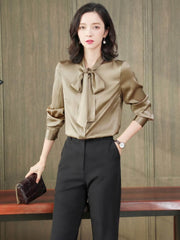 Bow-Tie Solid Color Silk Blouse-in-champagne-front-SILKSER