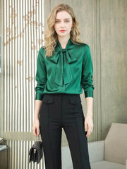Bow-Tie Solid Color Silk Blouse-in-green-front-SILKSER