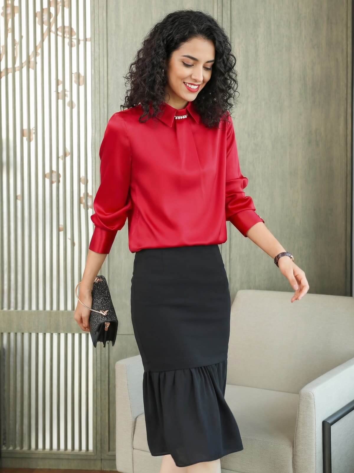 Elegant Pearl Collar Silk Blouse-in red-front-SILKSER