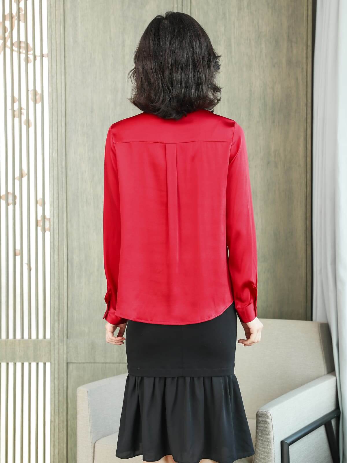 Bow-Tie Solid Color Silk Blouse-in red-back-SILKSER